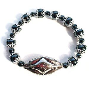 Hematite Beaded Stretch Bracelet with Silver Plated Metal Star
